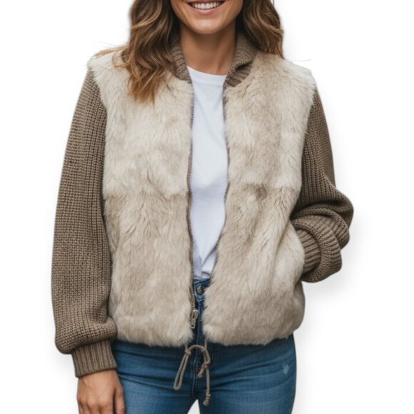 Élan Rabbit Fur Knit Bomber Jacket Sz S Korea 100% French Rabbit Hair Tan Wool - Picture 1 of 12